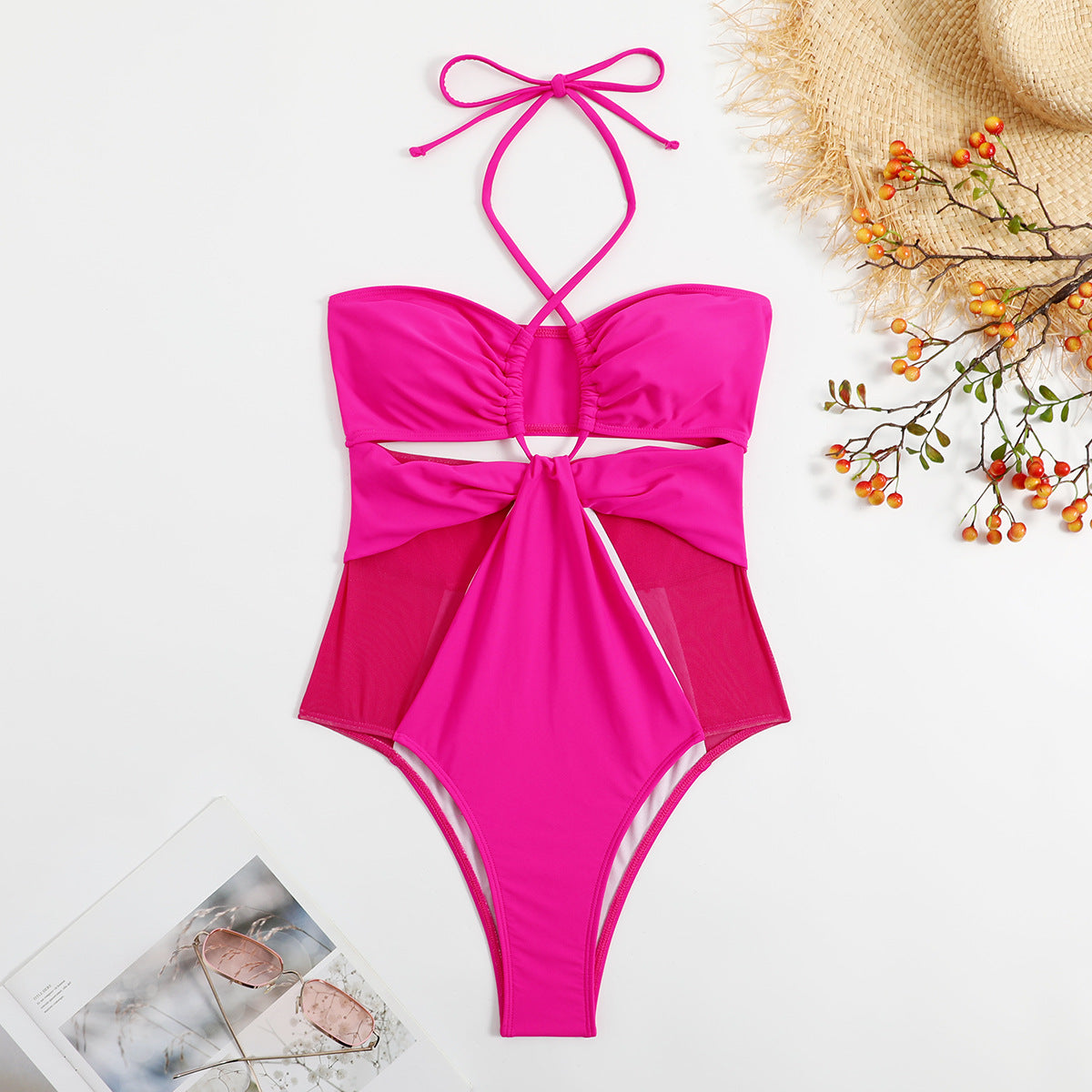 Solid Color One Piece Swimsuit Women Swimsuit Mesh Stitching Rose Red Hollow Out Cutout Siamese Bikini Bella Mia