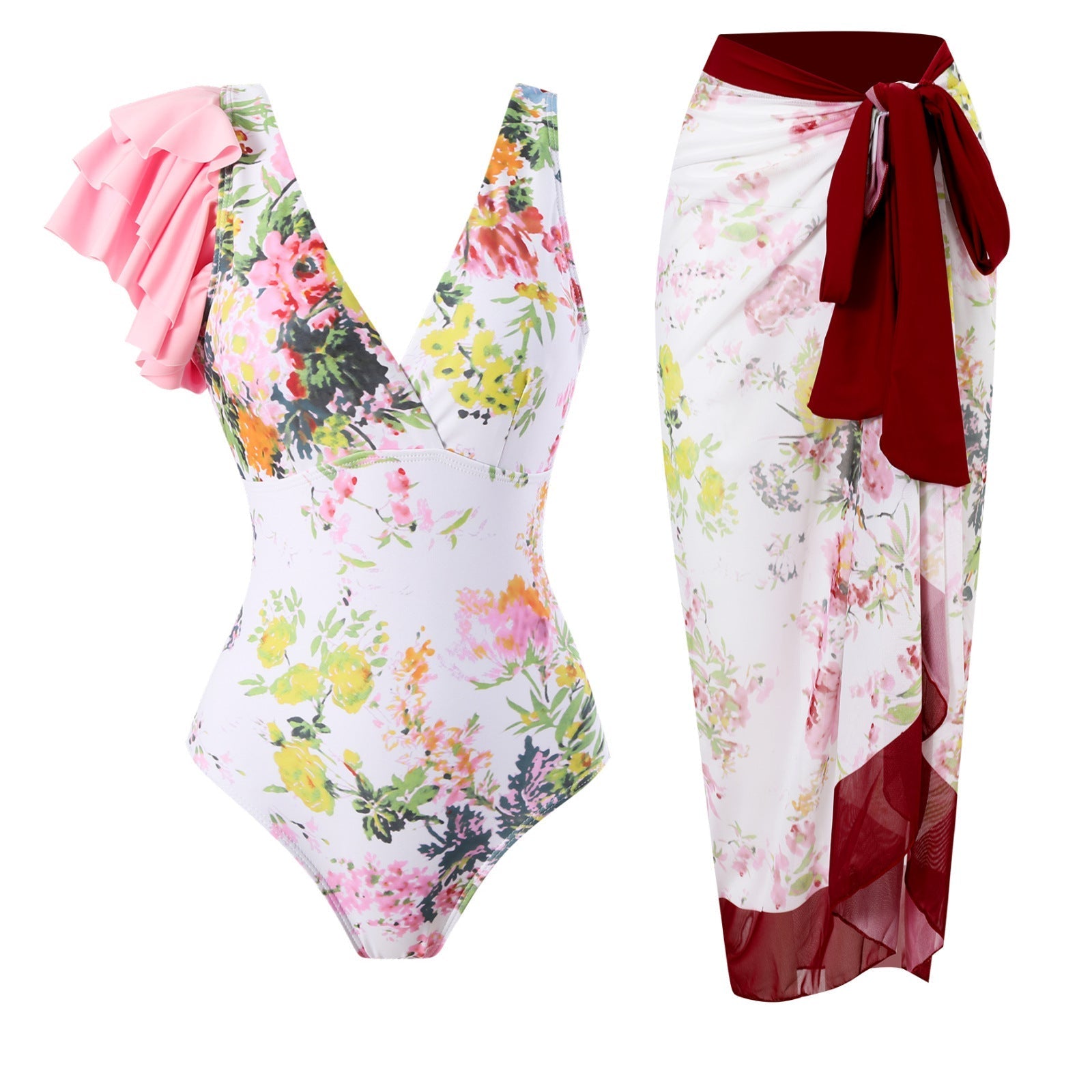 Ruffled One Piece Swimsuit Women Retro Swimsuit Bikini Mesh Beach Skirt Set Bella Mia