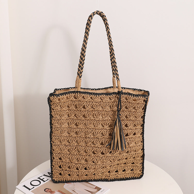 Square Tassel Shoulder Straw Bag Fresh Hollow Out Cutout Handmade Straw Bag Woven Bag Women Seaside Vacation Beach Bag Bella Mia