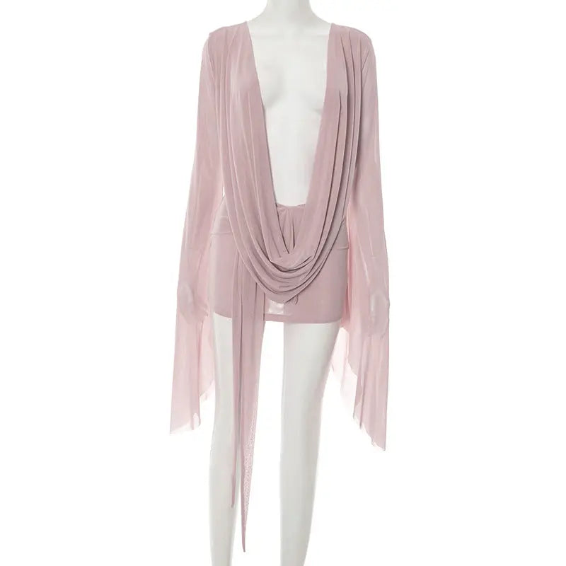 Women Backless Mesh Short Dress Long Sleeve Tie Cowl Neck Party Clubwear Bella Mia