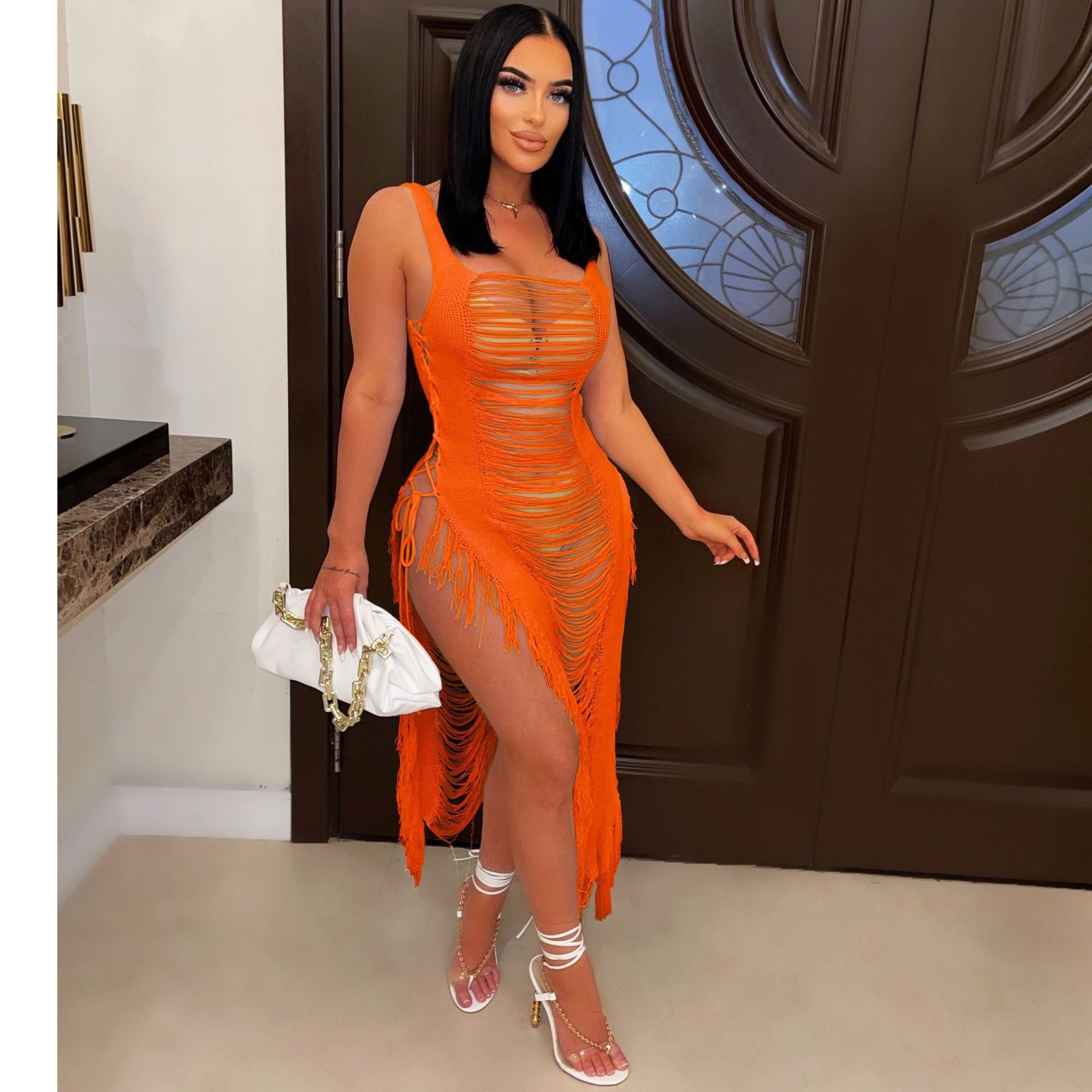 Spring Summer Women Dress Sexy Hollow Out Cutout Beach Cover Up Tassel Beach Dress Bella Mia