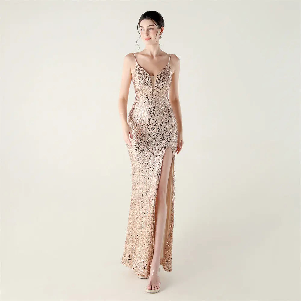 Bead Tube Sequin Spaghetti Strap High Slit Evening Dress Cross Tied Slim Fit Slimming Dinner Social Women Bella Mia