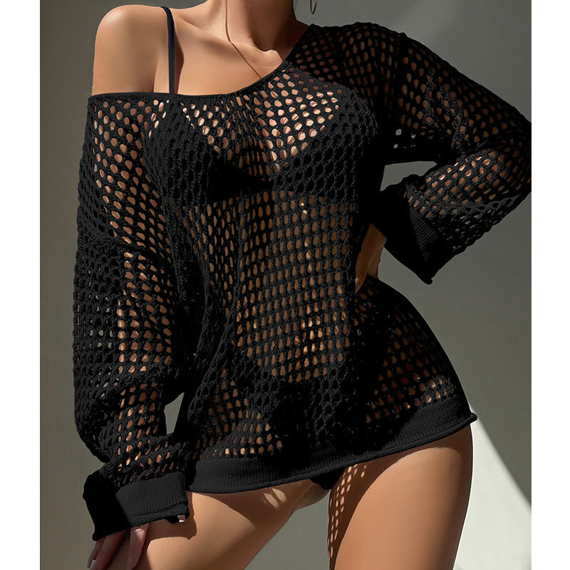 Summer Vacation Sexy Cutout Big round Neck Loose Pullover Bikini Sunscreen Knitted Beach Cover up Crochet hook Bella Mia