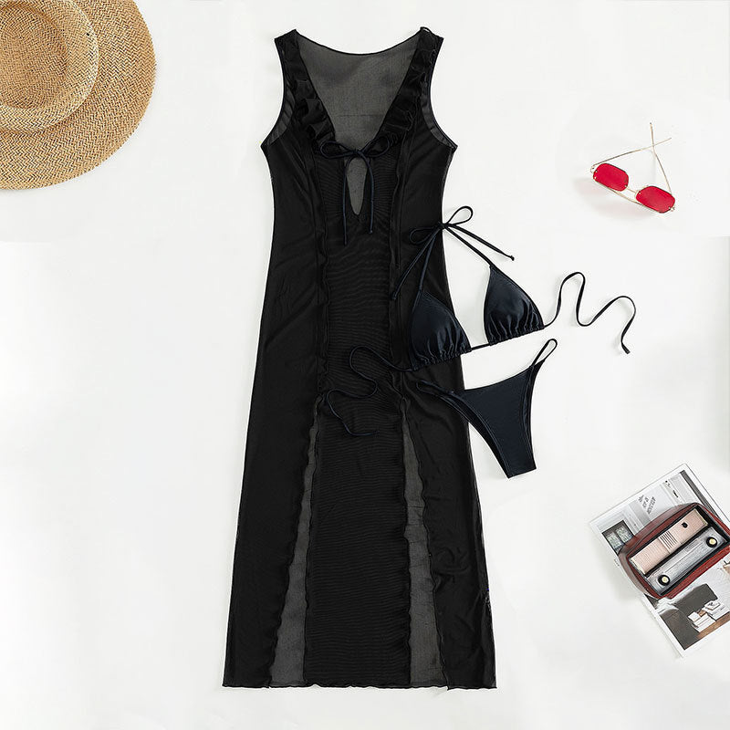 Maxi Dress Beachwear Bikini Strap Sun Protection Mesh Three Piece Swimsuit Women Bella Mia