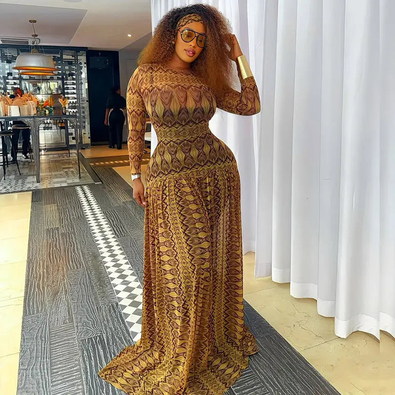 Elegant Retro Waist Slimming A Line Maxi Dress With Printed Pattern Long Sleeves Bella Mia