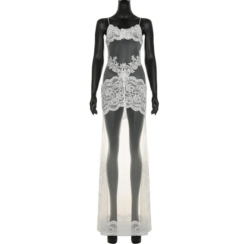 Sexy Summer Women Mesh Lace Spaghetti Strap Maxi Dress See Through Nightdress Bella Mia