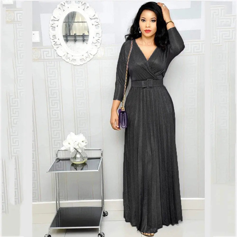 Winter African Women Wear Long Sleeve Bronzing Pleated Swing Dress with Belt Glittering Powder Fabric Bella Mia