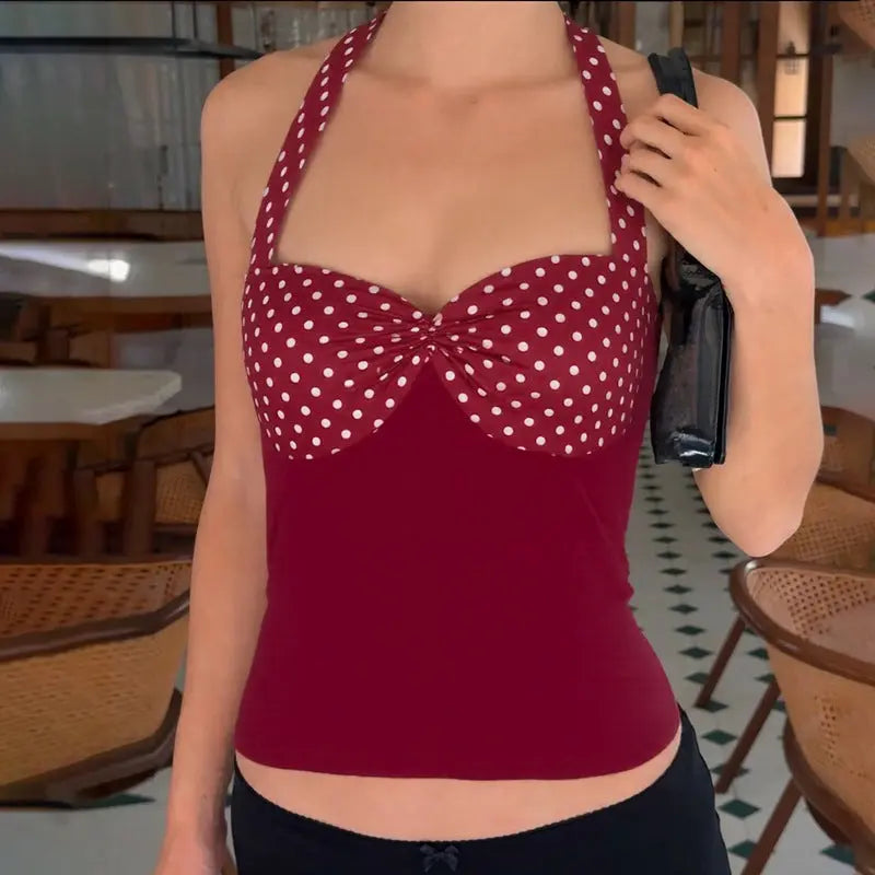 Women Clothing Summer Pure Want to Contrast Color Dot Halter Backless Top Women Bella Mia