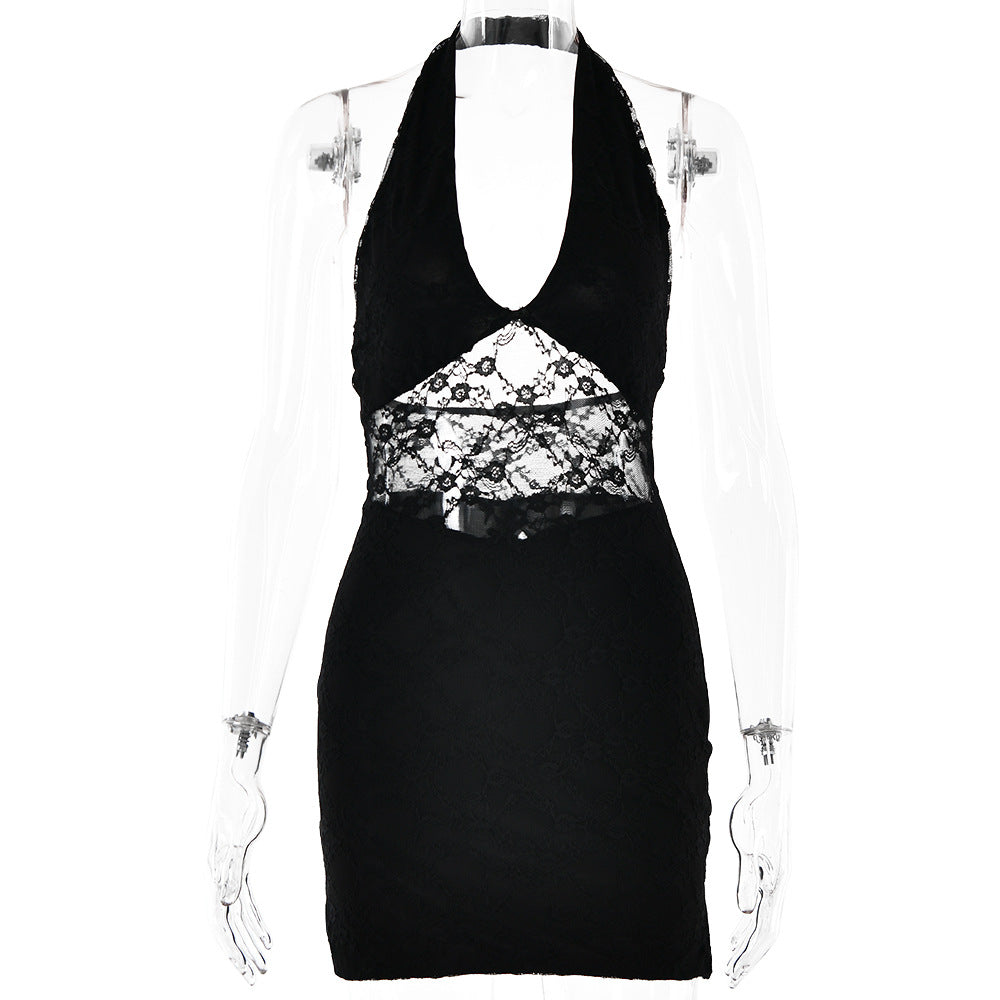 Spring Dress Sexy Trend V neck Halter Lace Stitched Backless Dress Bella Mia