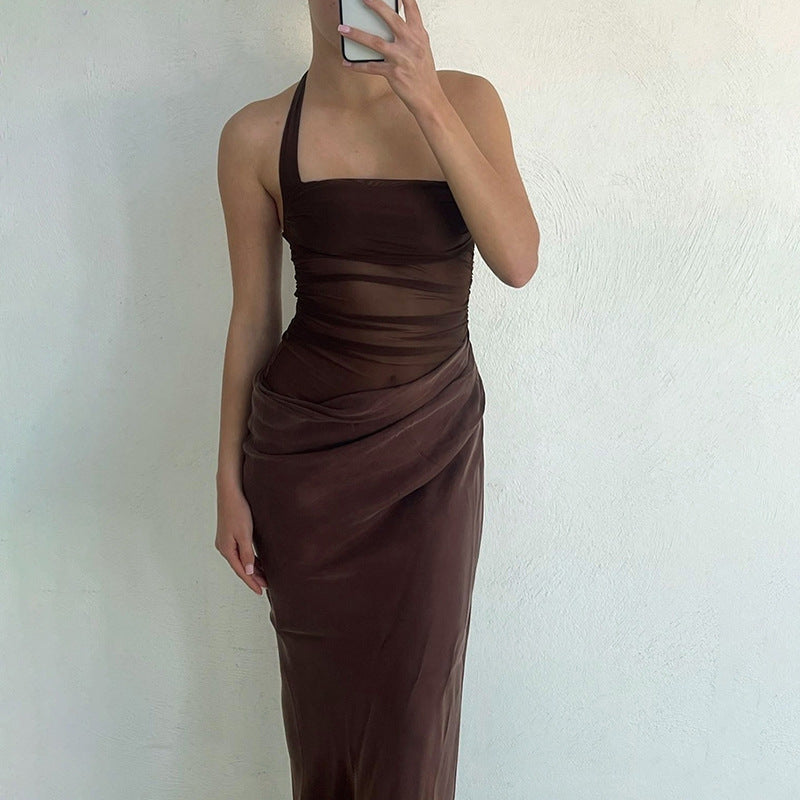 Autumn Winter Sexy Slim Fit Backless Lace up Halter Dress Solid Color Dress