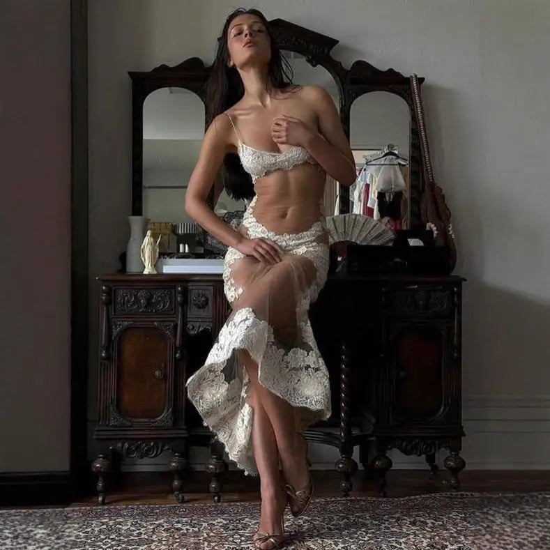 Sexy Summer Women Mesh Lace Spaghetti Strap Maxi Dress See Through Nightdress Bella Mia