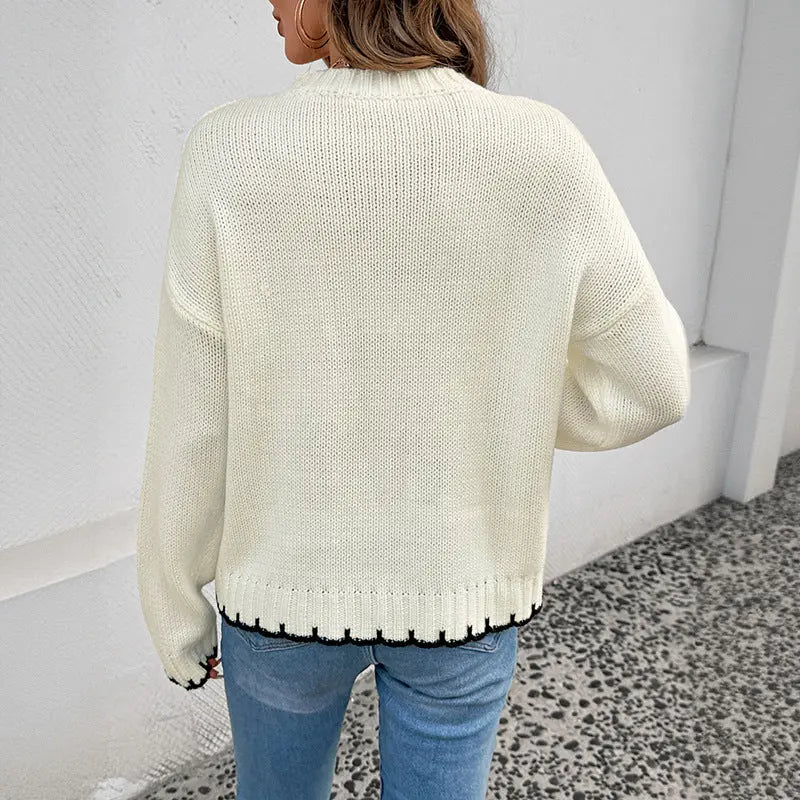 Autumn Winter Retro round Neck Long Sleeve Striped Contrast Color Sweater Women Bella Mia