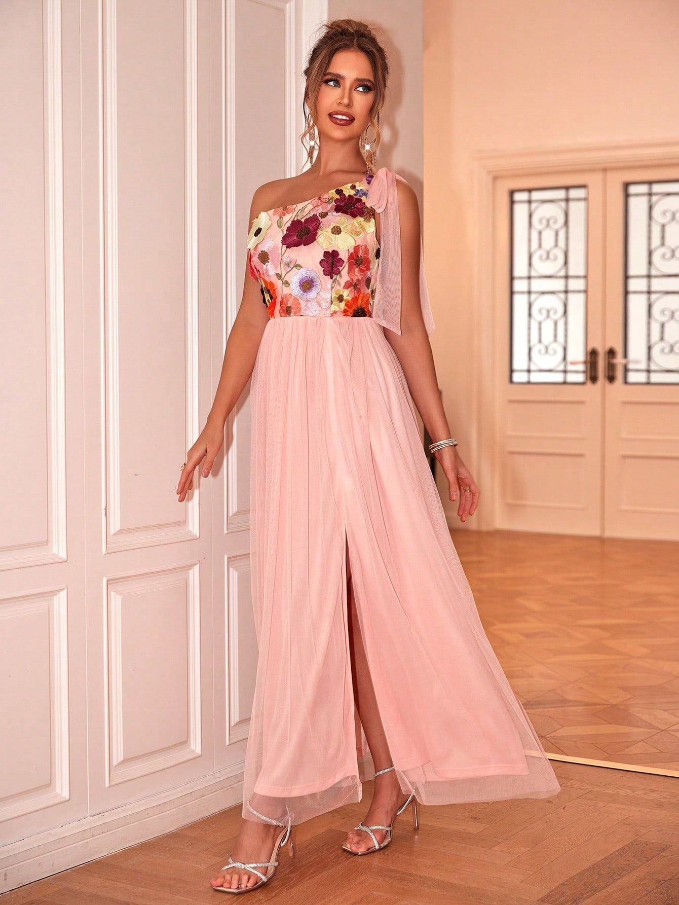 Summer Women Sexy Floral Embroidery One Shoulder Furcal Lower Hem Evening Dress Bella Mia