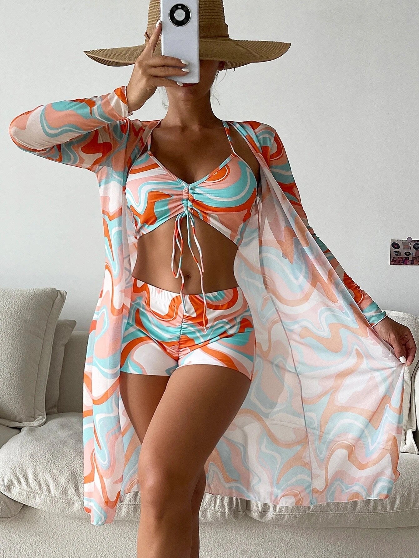 Swimsuit Women Split Three Piece Suit High Waist Long Sleeves Blouse Internet Celebrity Drawstring Suit Bella Mia