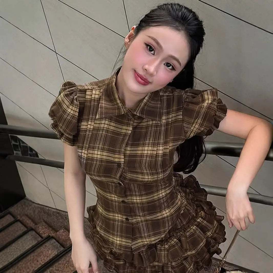 Korean Sweet Girl Preppy Plaid Puff Sleeve Shirt Irregular Asymmetric Hem Waist Slimming Single Breasted Cardigan Top Skirt Sets Bella Mia
