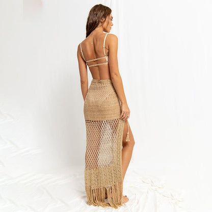 Summer Beach Skirt Women Solid Color Sexy Knitted Hollow Out Cutout Beach Bikini Outer Tassel Skirt Crochet hook