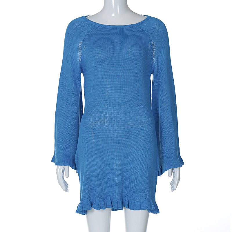 Woolen Sexy Tether Backless Dress Winter Horn Long Sleeve Solid Color Short Dress Bella Mia