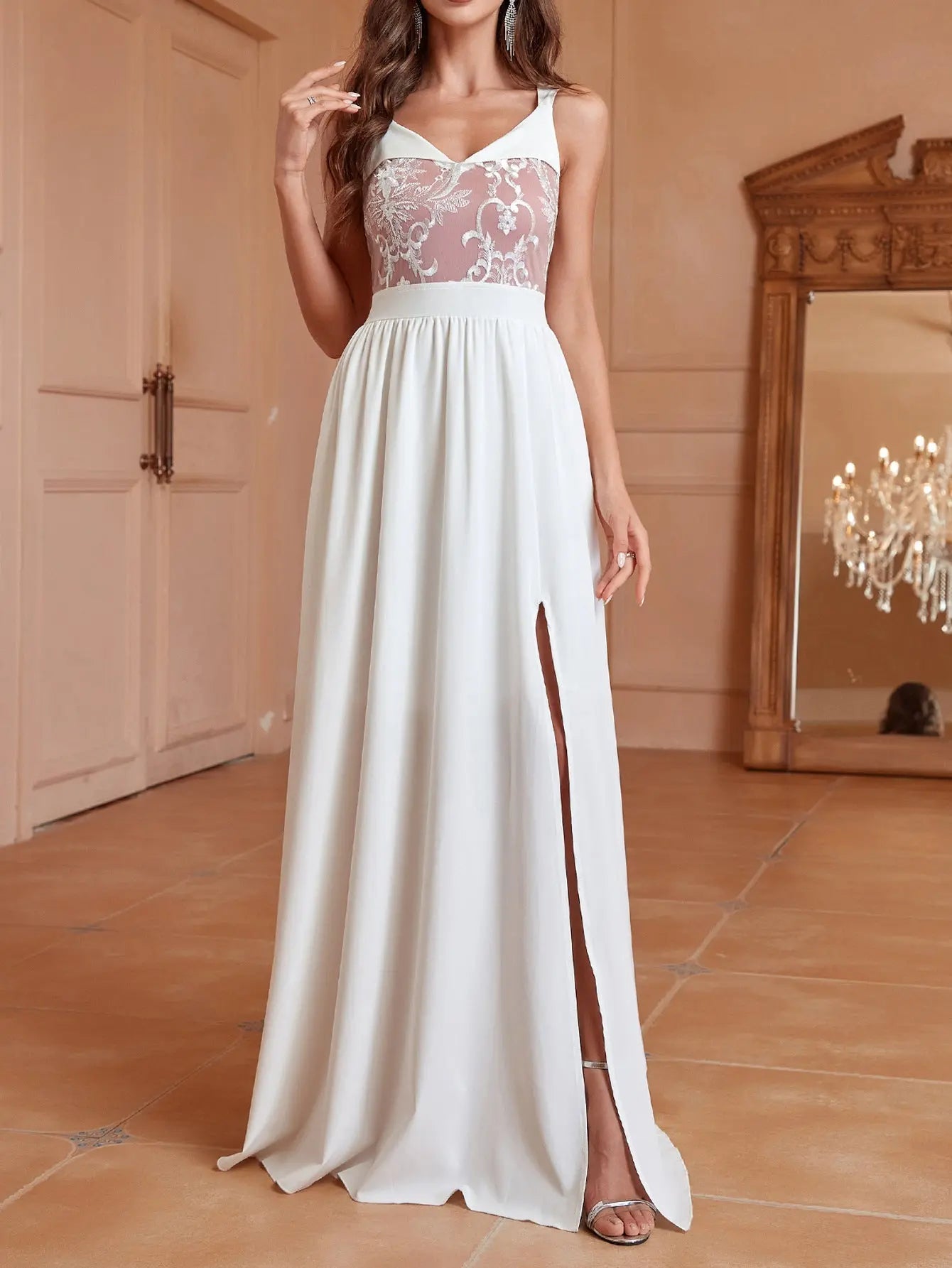 V neck Brace Elegant Slim Long Slit Backless Women Long Prom Dress Bella Mia