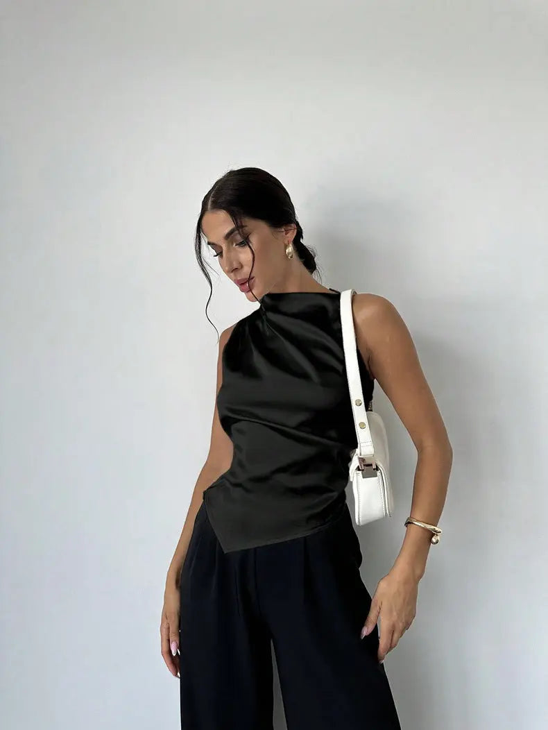 Summer Women Clothing Summer Satin Shirt Women Simple Sleeveless Satin Artificial Silk Shirt Top Bella Mia