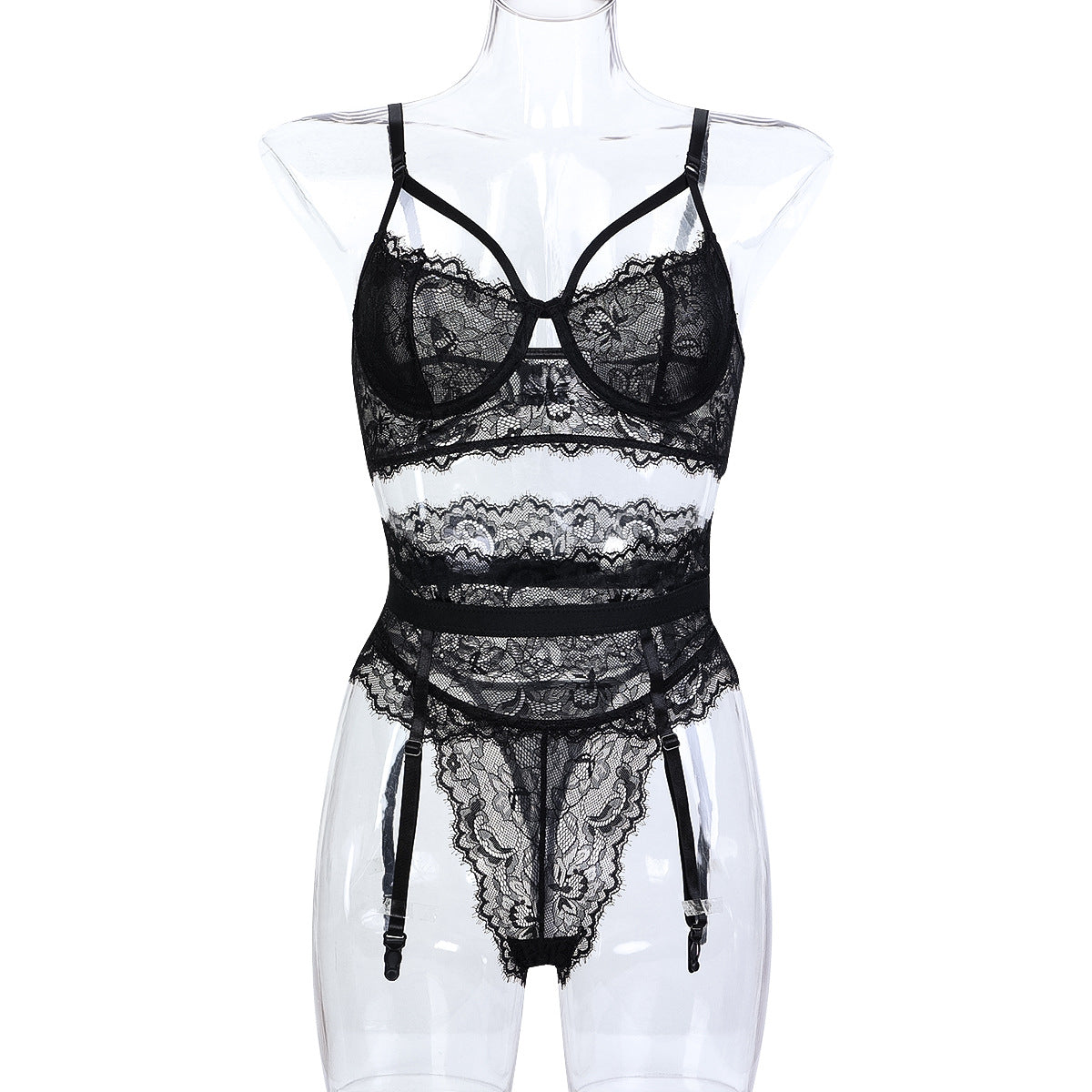 Sexy Lace Thin Black See through Three Piece Sexy Lingerie Bella Mia