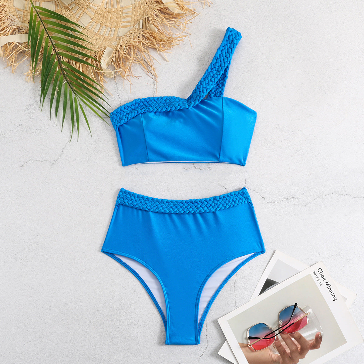 Women One Shoulder Solid Color Split Swimsuit High Waist Braid Rope Banded Bikini Bikini Bella Mia