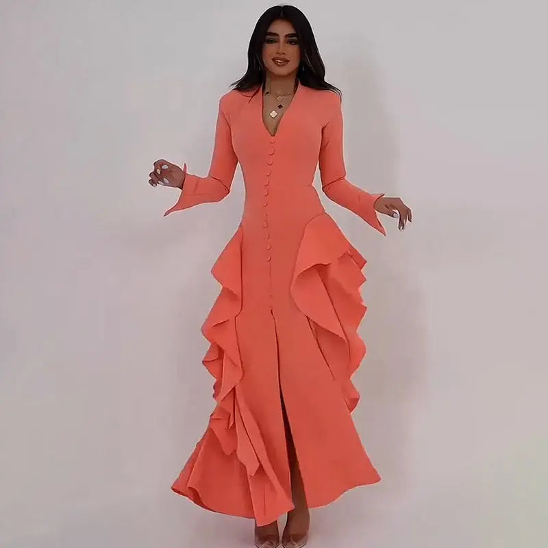 Summer V neck Long Slit Elegant Ruffle Dress Bella Mia