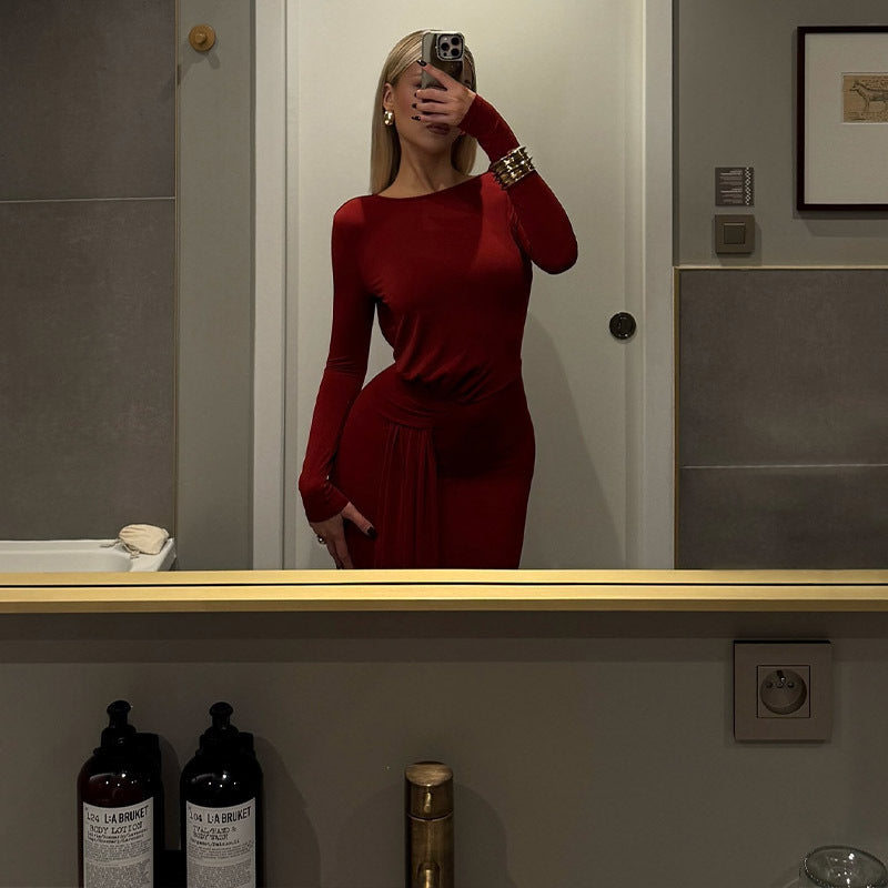 Round Neck Long Sleeve Bare Back Waist Controlled Lace up Elegant Slim Red Carpet Dress Bella Mia