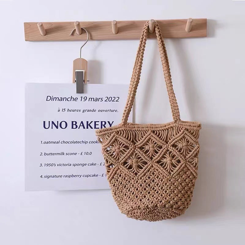 Artistic Simple Cotton Thread Shoulder Woven Bag Summer Niche Hollow Out Cutout Straw Bag Portable Women Bag Vacation Beach Bag Bella Mia