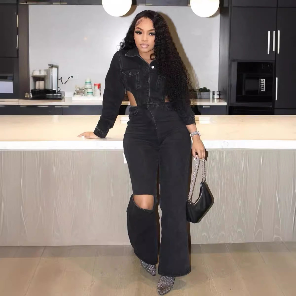 Sexy Shein Jumpsuit Casual Elastic Hollow Out Cutout out Denim Jumpsuit Bella Mia