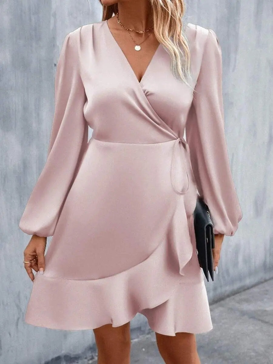 V neck Dress Satin Waist Tight Low Cut Casual Midi Dress Sweet Women Clothing Bella Mia