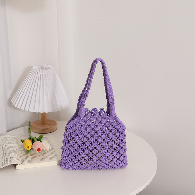 Hollow Out Cutout Cotton Thread Woven Bag Summer Cotton String Women Bag Portable Solid Color Straw Bag Vacation Beach Bag Bella Mia