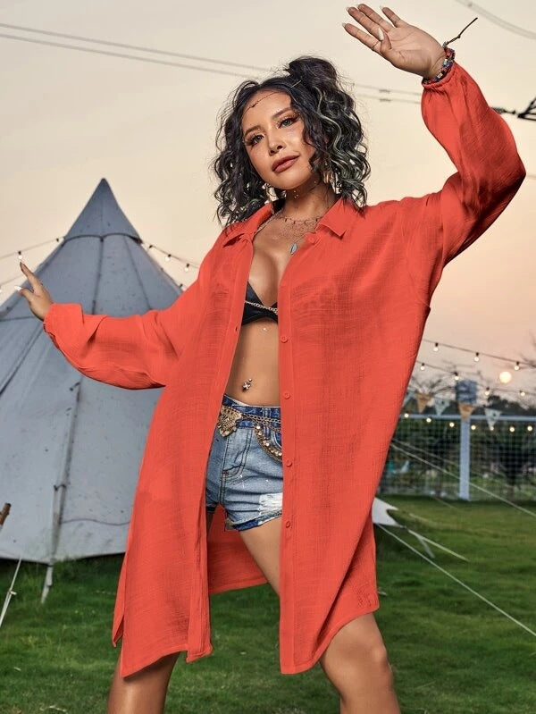 Cotton Long Sleeved Shirt Beach Cover up Vacation Sun Protection Shirt Bikini Swimsuit Outwear Cardigan Bella Mia