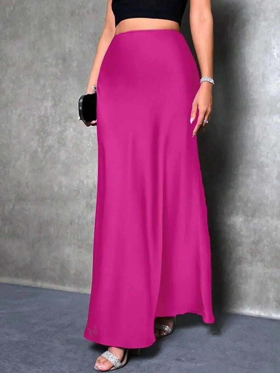 Satin A Line Maxi Skirt For Women Slim Zipper Solid Pattern Seasonless Bella Mia