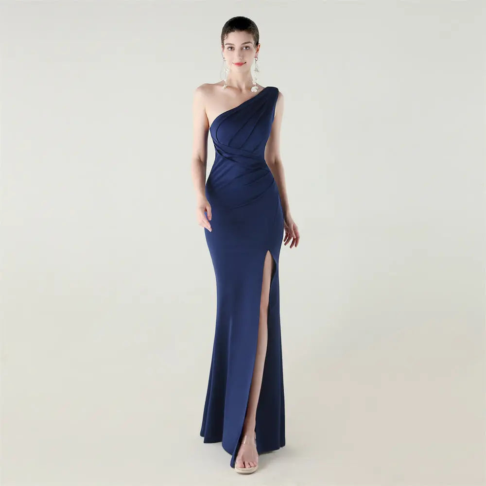 One Shoulder Slim Fit Satin Folding High Slit Sexy Evening Dress Fishtail Dress Dinner Wedding Social Networking Bella Mia