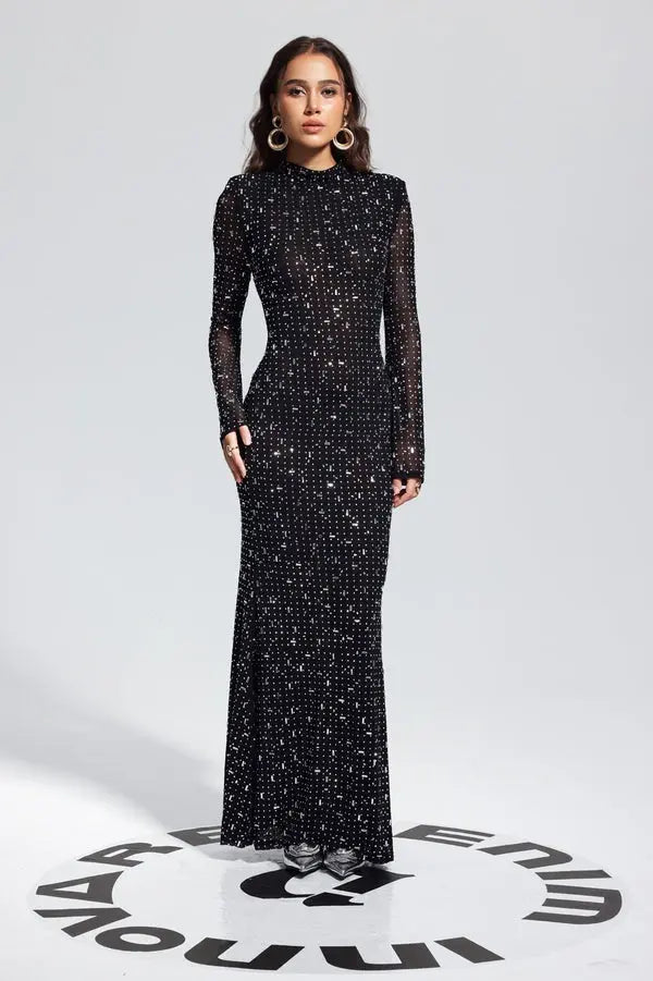 Black Rhinestone Polyester Bodycon Maxi Dress With Long Sleeves And Zipper Bella Mia