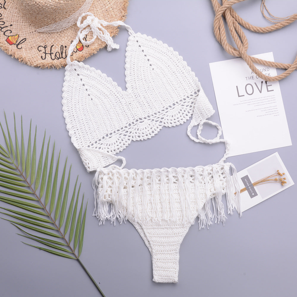 Vacation Sexy Characteristic Handmade Crochet Tassel Hollow Out Cutout out Strap Bikini Women Set Bella Mia
