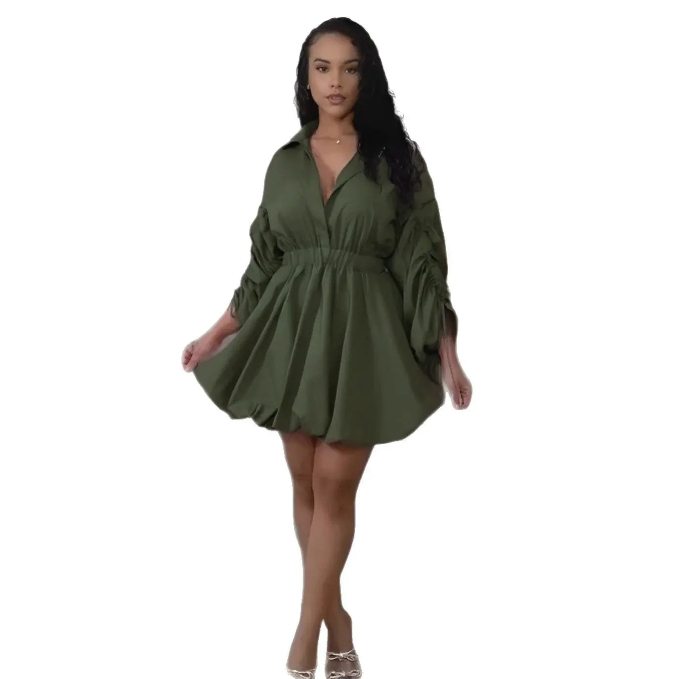 Sexy Casual Office Drawstring Sleeve Fitted Waist Bubble Shirt Collar Long Sleeve Dress Bella Mia
