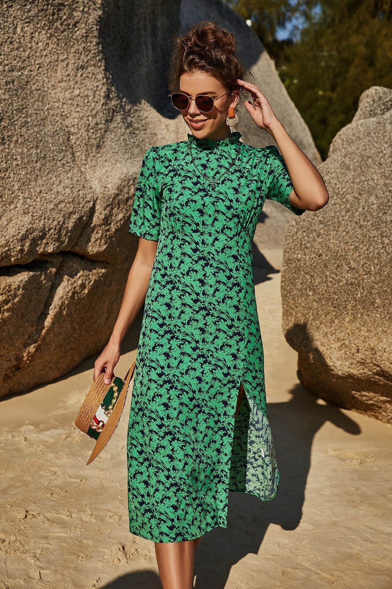 Summer Women Clothing Slimming Sheath Slit Slim-Fitting Floral Short Sleeve Vacation Large Swing Dress Bella Mia