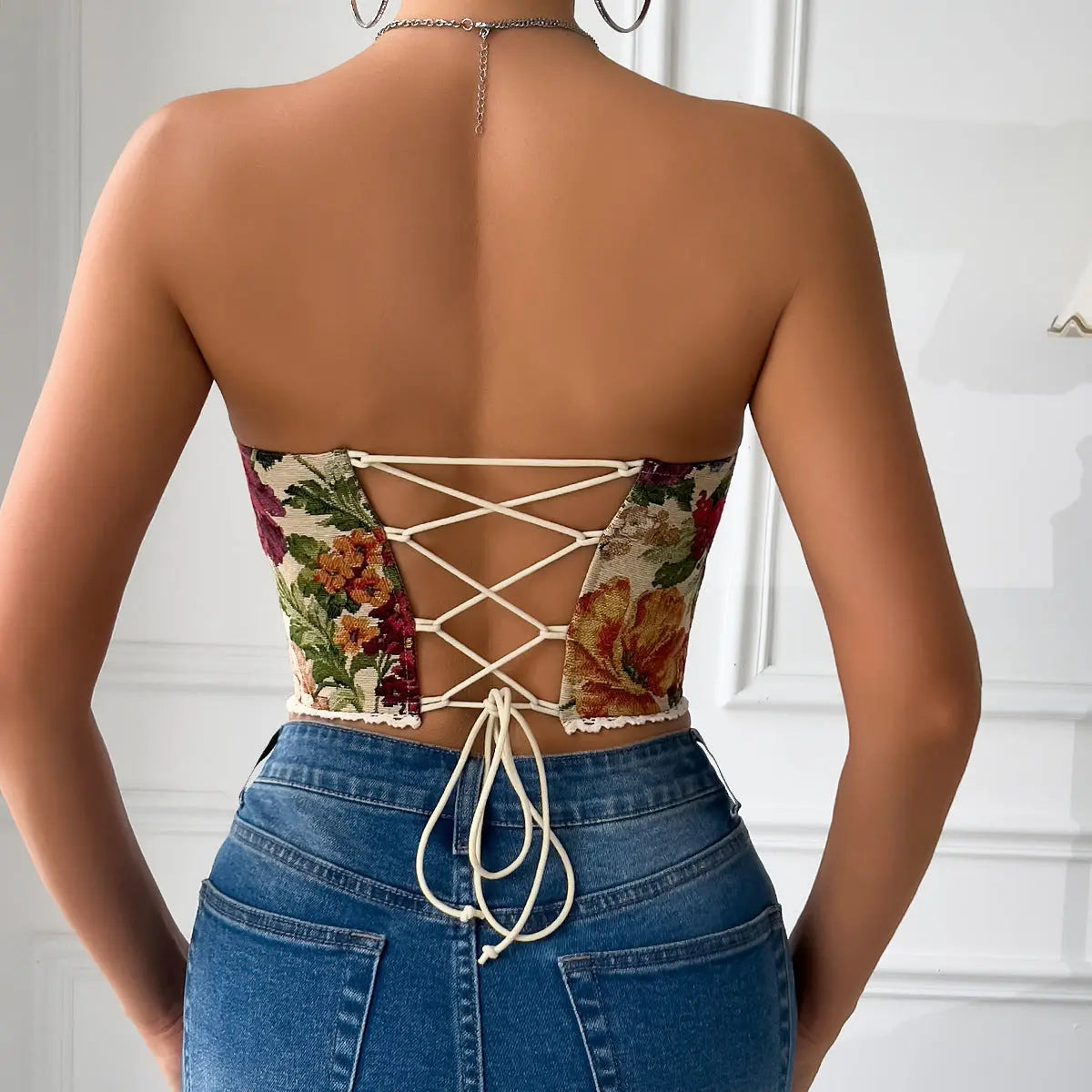 Street Retro Floral Print Corset Flounce Trim Lace Up French Minority Boning Corset Vest Bella Mia