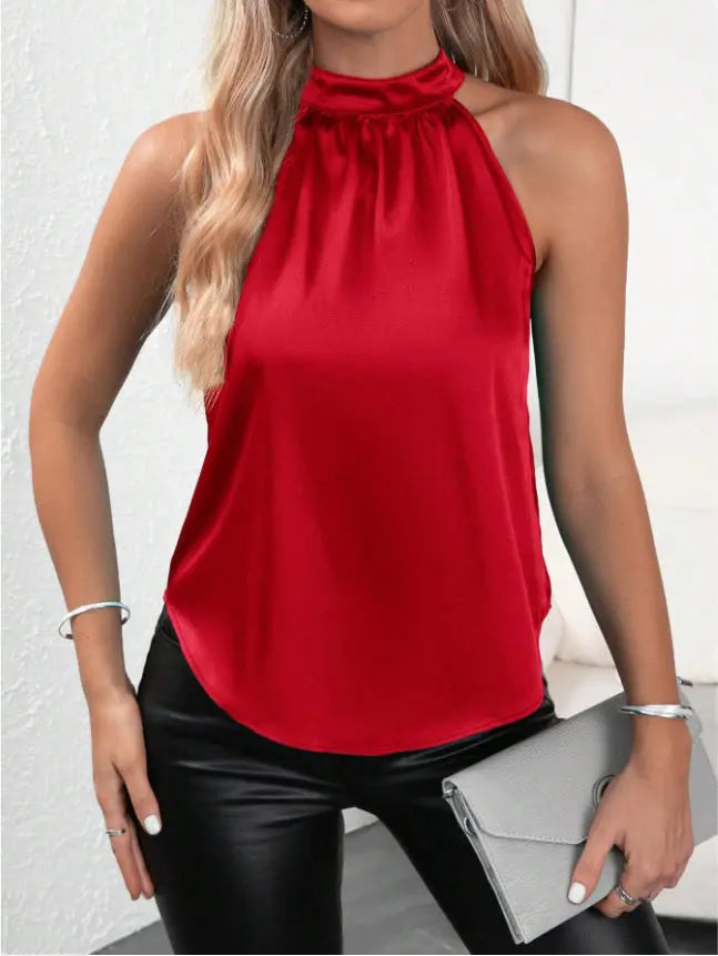 Summer Satin Vest Women Solid Color off Shoulder Halter Sleeveless Top Bella Mia