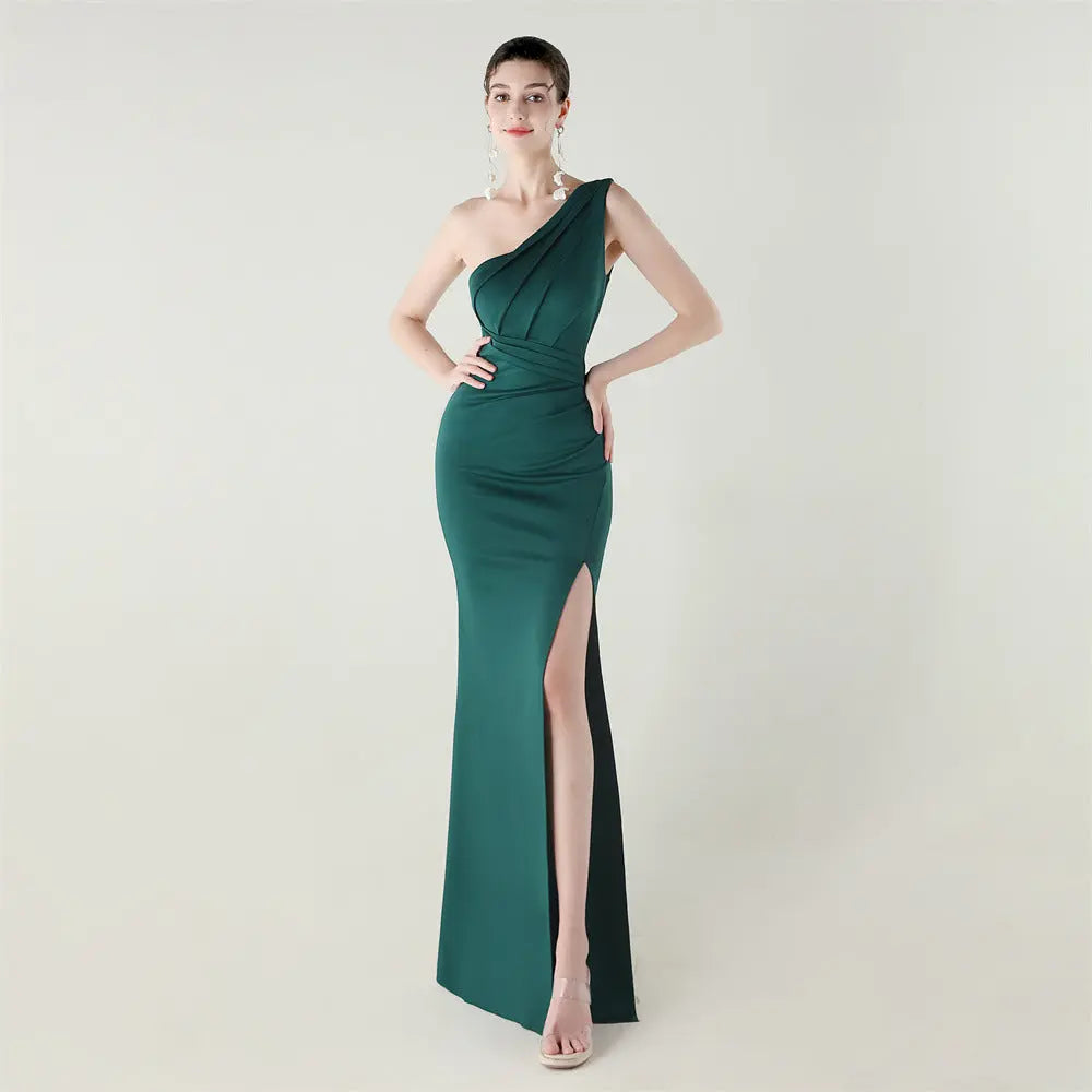 One Shoulder Slim Fit Satin Folding High Slit Sexy Evening Dress Fishtail Dress Dinner Wedding Social Networking Bella Mia