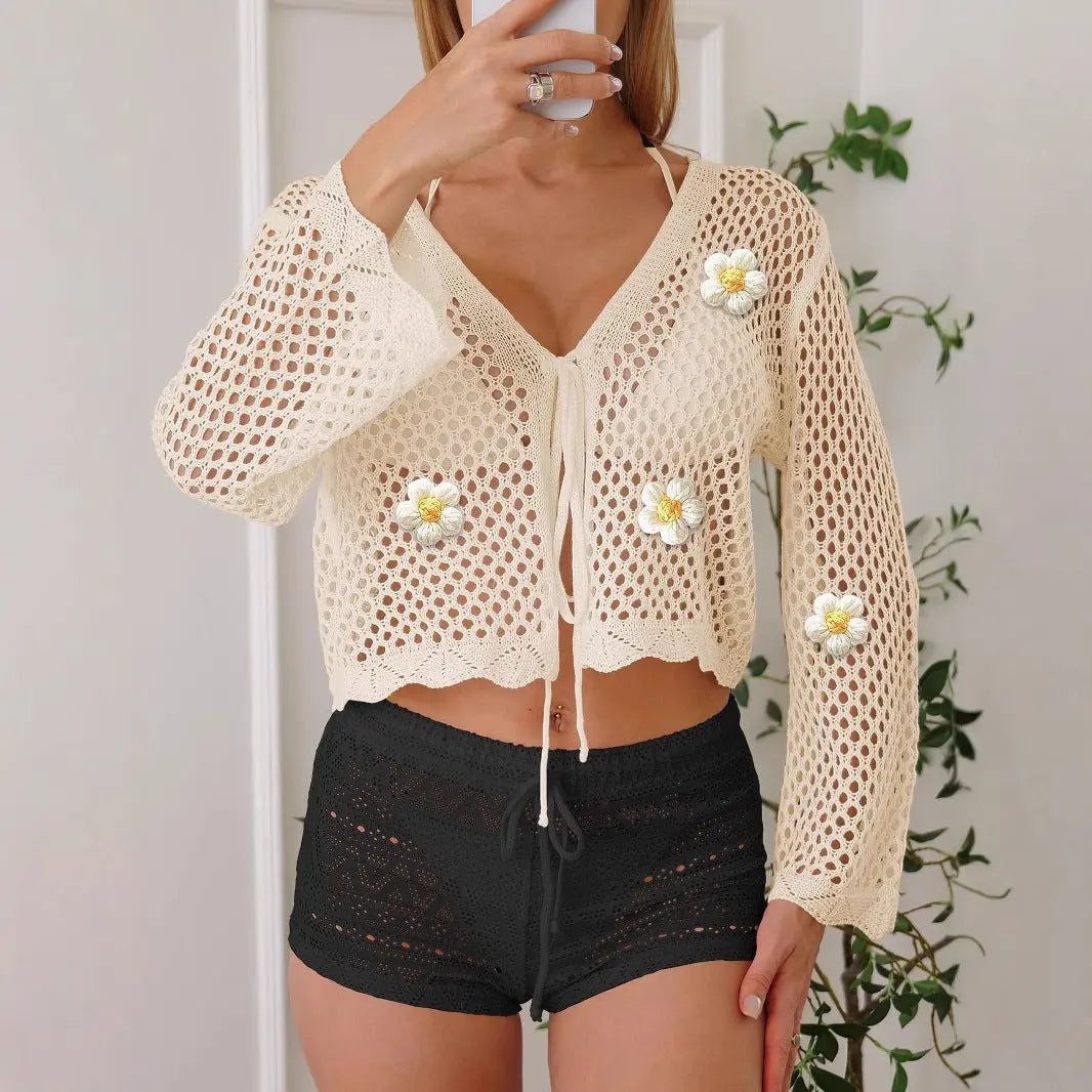 Women Lace Up Cardigan Hollow Out Cutout Woven Shirt Floral Embroidery Beach Bella Mia