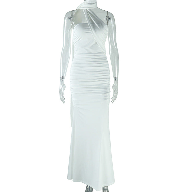 Women Clothing Solid Color Halter Dress Sexy Backless Ribbon Split Maxi Dress Bella Mia