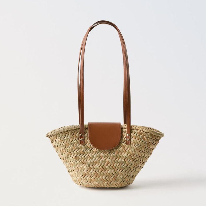 Natural Grass Shoulder Straw Bag Faux Leather Stitching Woven Bag Vacation Beach Bag All Match Rattan Weave Bag Bella Mia