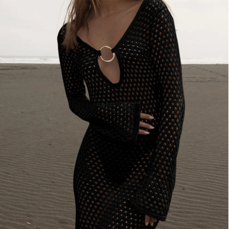Holiday Front Long Hollow Out Cutout Metal Buckle V neck Long Sleeve Dress Beach Sun Protection Backless Smock Dress Bella Mia