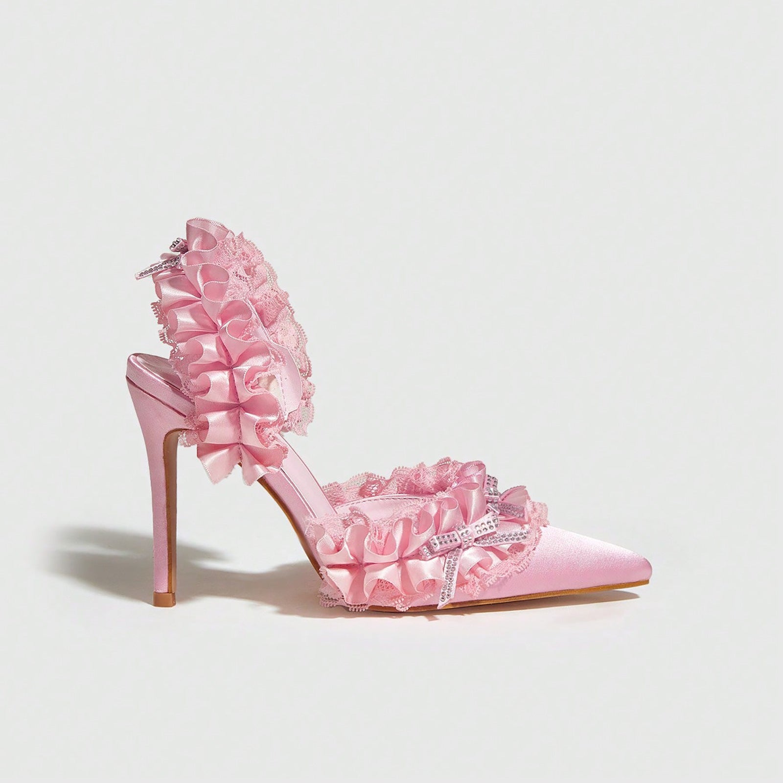 Rhinestone Bow High Heel Sandals Stiletto Heel Pointed Heels Women Black Pink Satin Surface 11cm Bella Mia