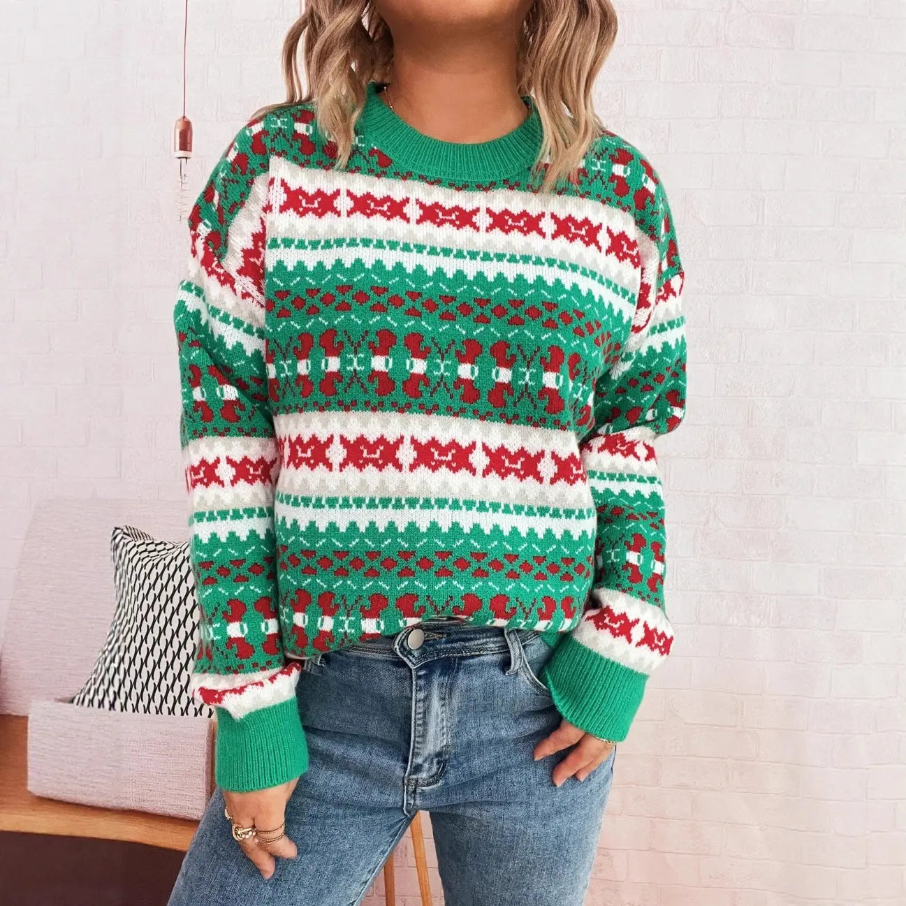 Autumn Winter Cute Pattern Christmas Jacquard Contrast Color round Neck Long Sleeved Knitted Pullover Casual Sweater Bella Mia