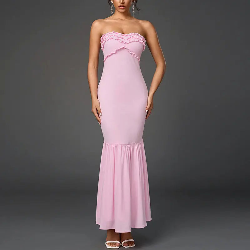 Chiffon Strapless Tube Top Maxi Dress Backless With Smocked Ruched Details Bella Mia