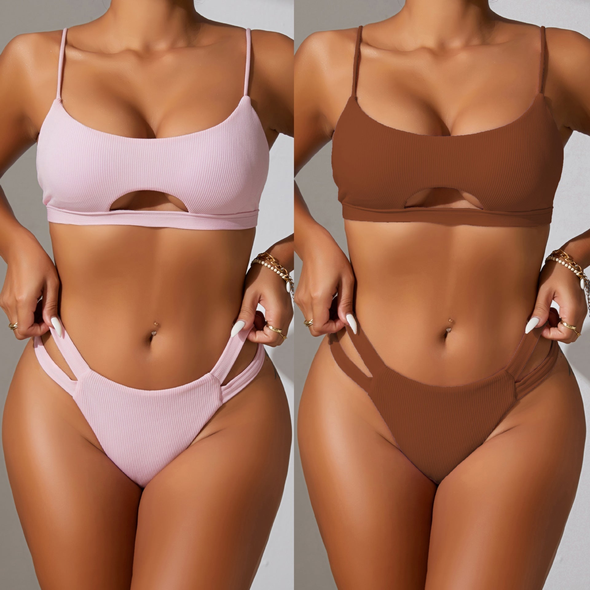 Sunken Stripe Solid Color Sexy Cutout Bikini Two Piece Swimsuit Bikini Swimsuit Bella Mia