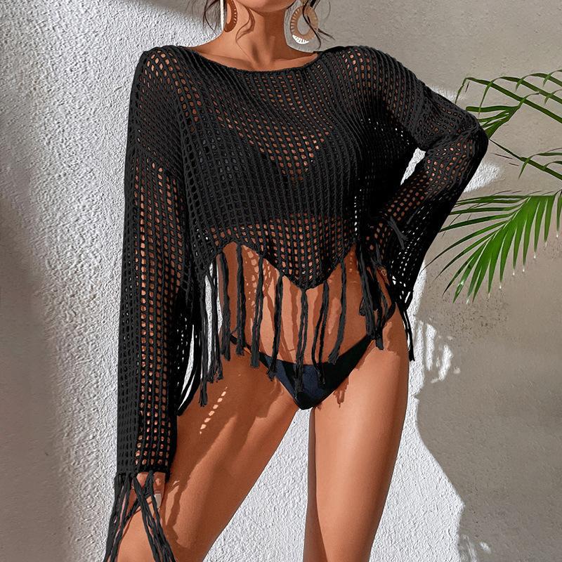 Knitted Tassel Beach Cover Up Sexy Cutout Vacation Skirt Swimsuit Sun Protection Shirt Beach Cover Up Bella Mia